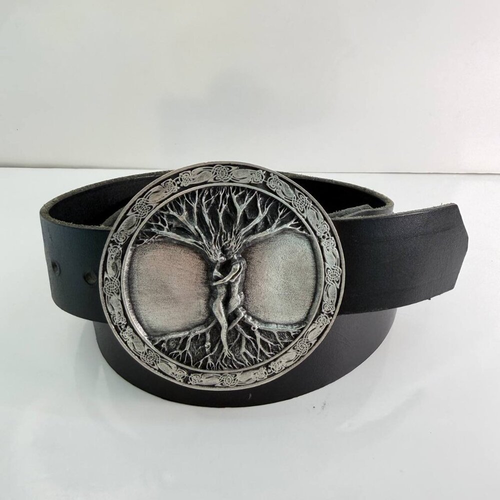 Bergamot “Tree of Life” Leather Belt – Made in USA – Sculpted Buckle